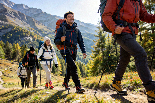 户外登山小队在山区徒步探险，穿着专业户外装备